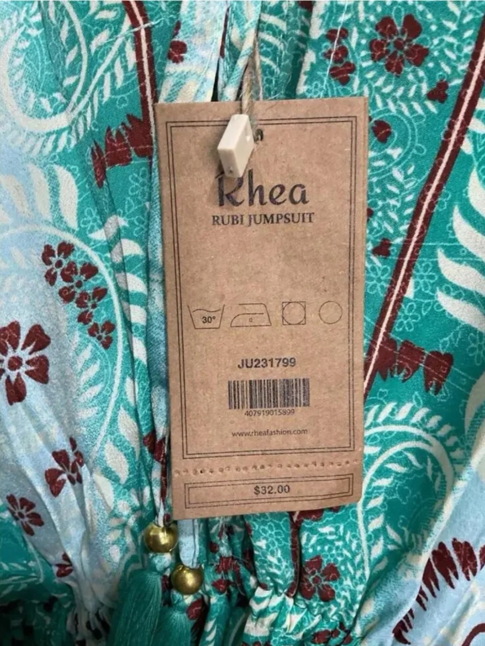 NWT Rhea Rubi Jumpsuit Boho Wide Leg Tassel Tie Waist Floral Green - Picture 6 of 6